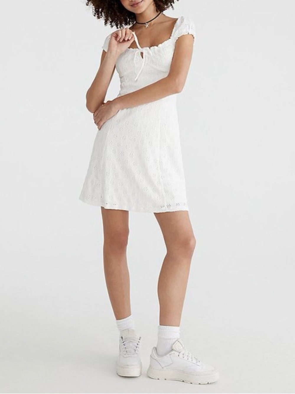 NWOT - White Eyelet Short Sleeve Tie Front Sundress / Mini Dress